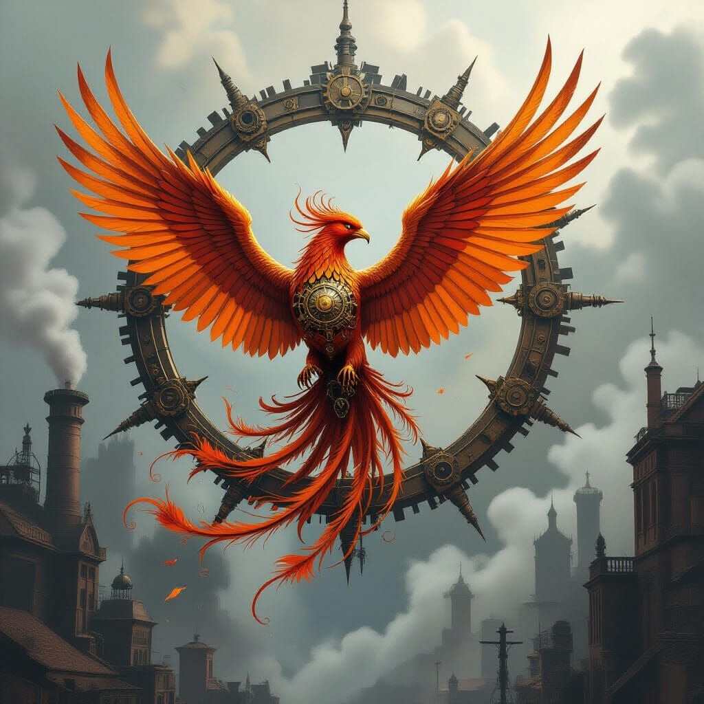 Steampunk Phoenix Rising from Clockwork City Ashes