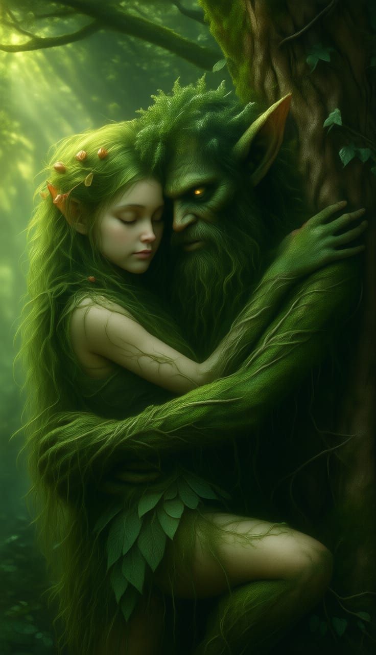 Mystical Forest Spirits Embrace in Hyperrealistic Style