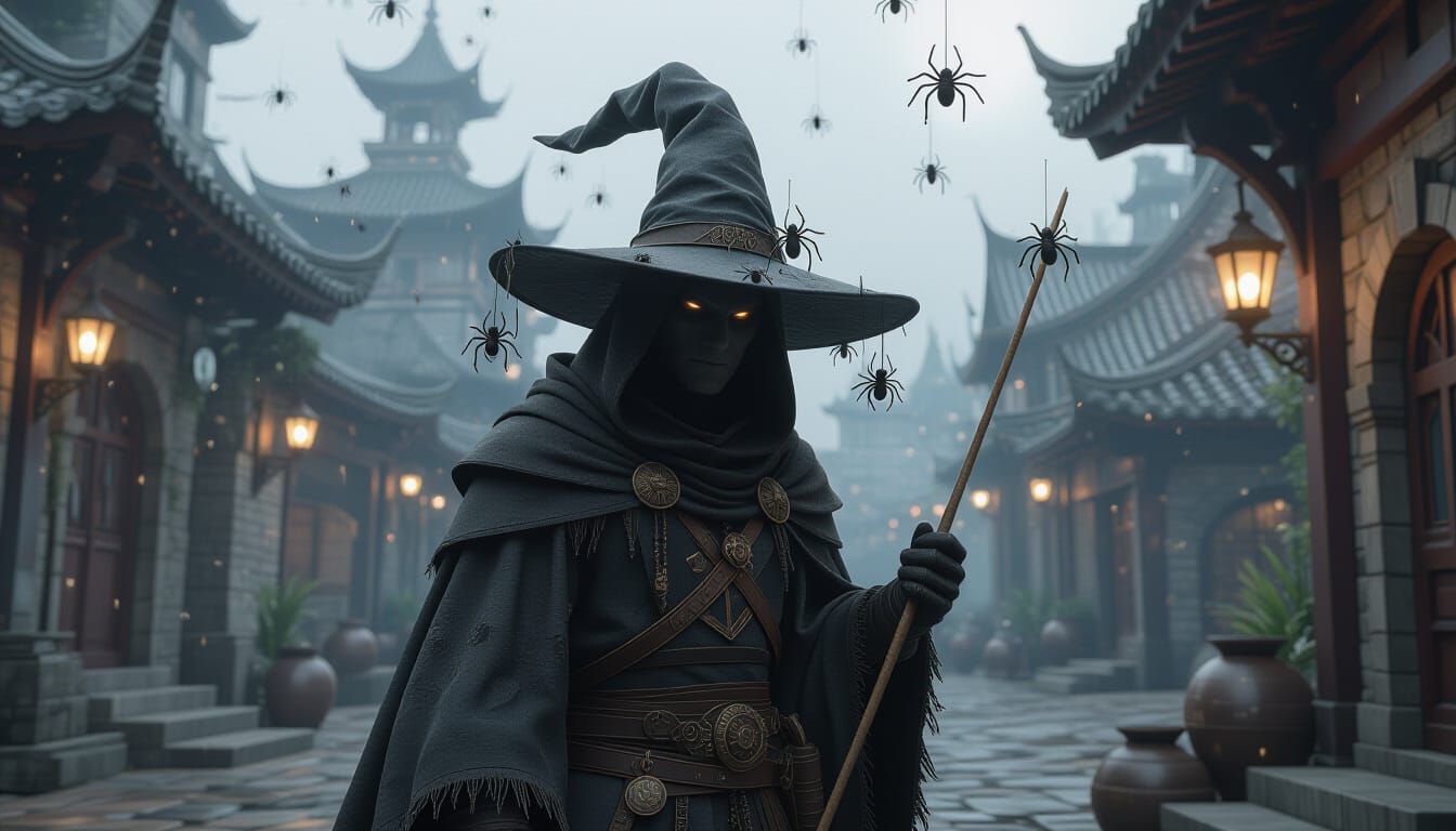 Sorcerer Entangled in Spiderwebs, 3D Game Cinematic Style