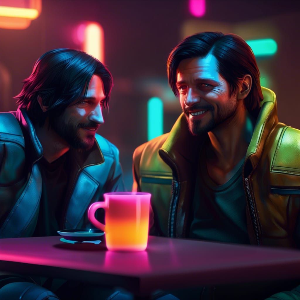 Cassian Andor Smiles with a Friend over Neon-Lit Coffee
