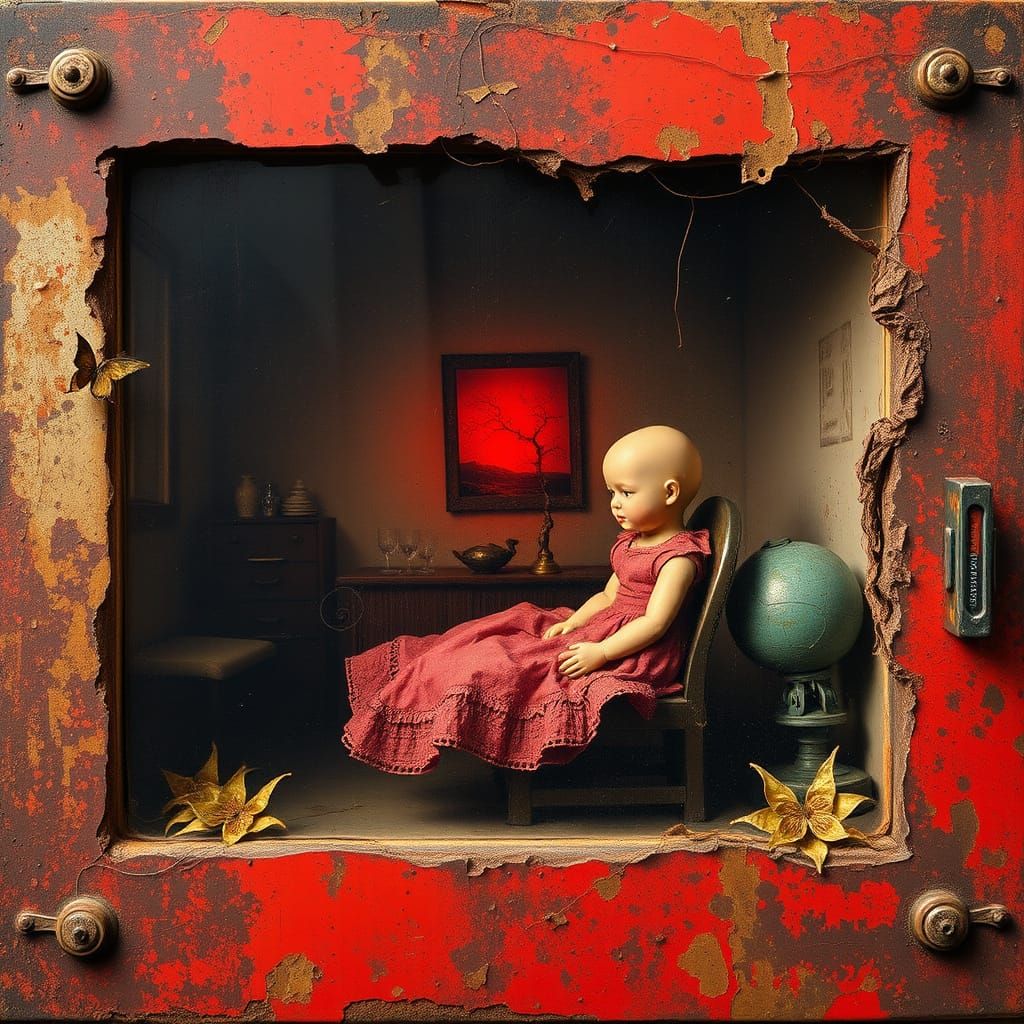 Surreal Dollhouse Scene with Textured Rust Elements