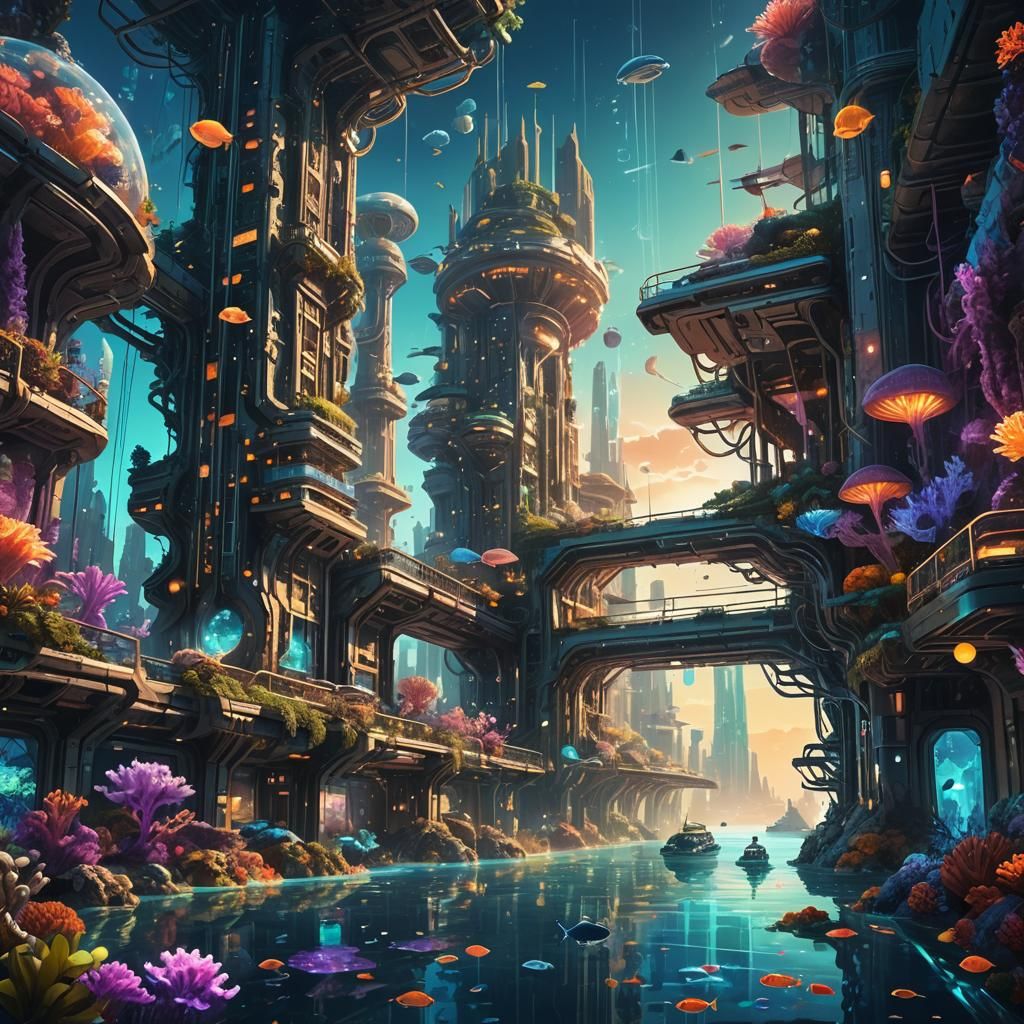Vibrant Futuristic Cityscape Underwater at Sunset