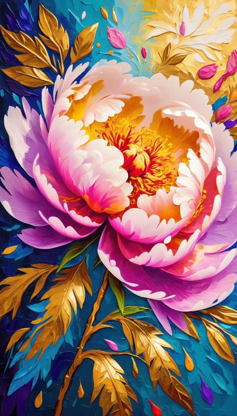 Vibrant Peony Oil Painting with Bold Brushstrokes