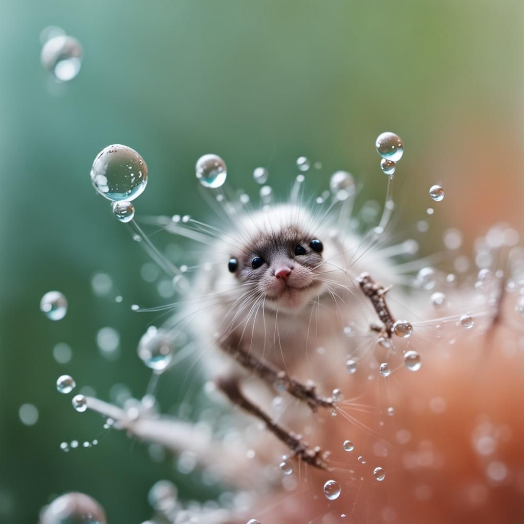 Cute Fuzzy Lady in Water Droplets Art