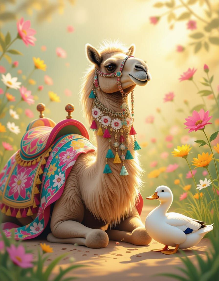 Patchwork Dromedary Portrait with Duck in Floral Setting