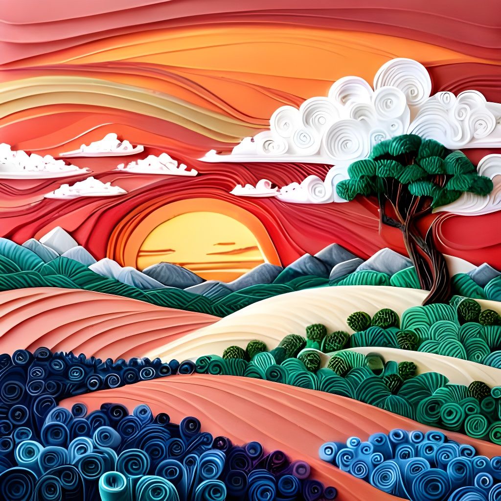 Whimsical Paper Quilling Sunset over African Savannah