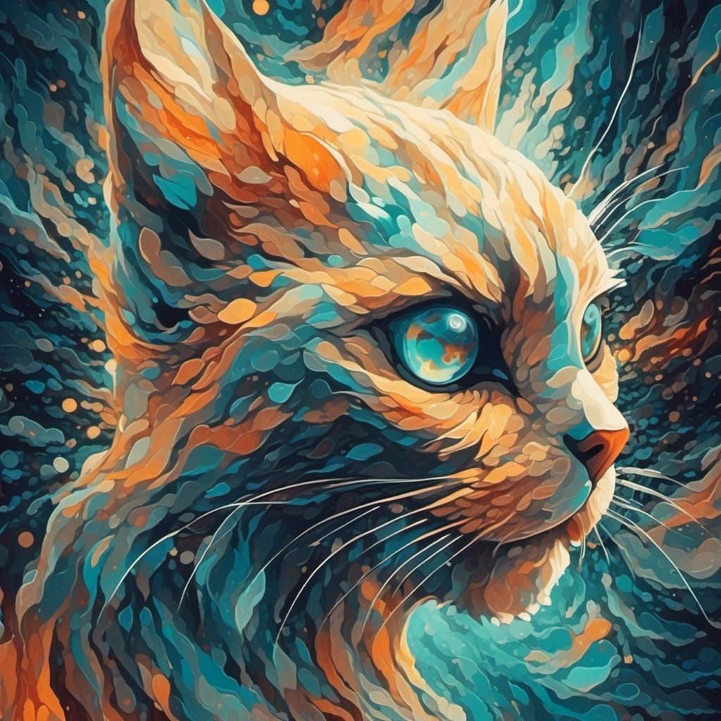 Surreal Ghost Cat Disintegrates in Cubist Facets of Starligh...