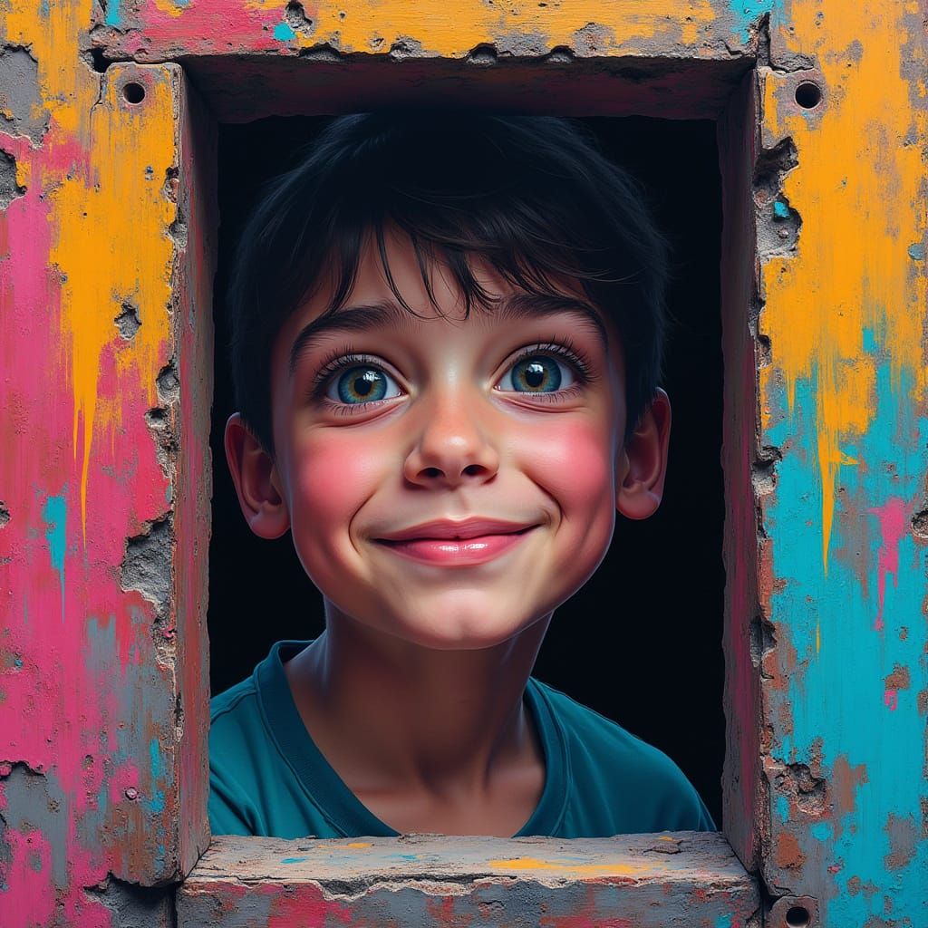 Boy's Face with Stormy Door in Graffiti Art
