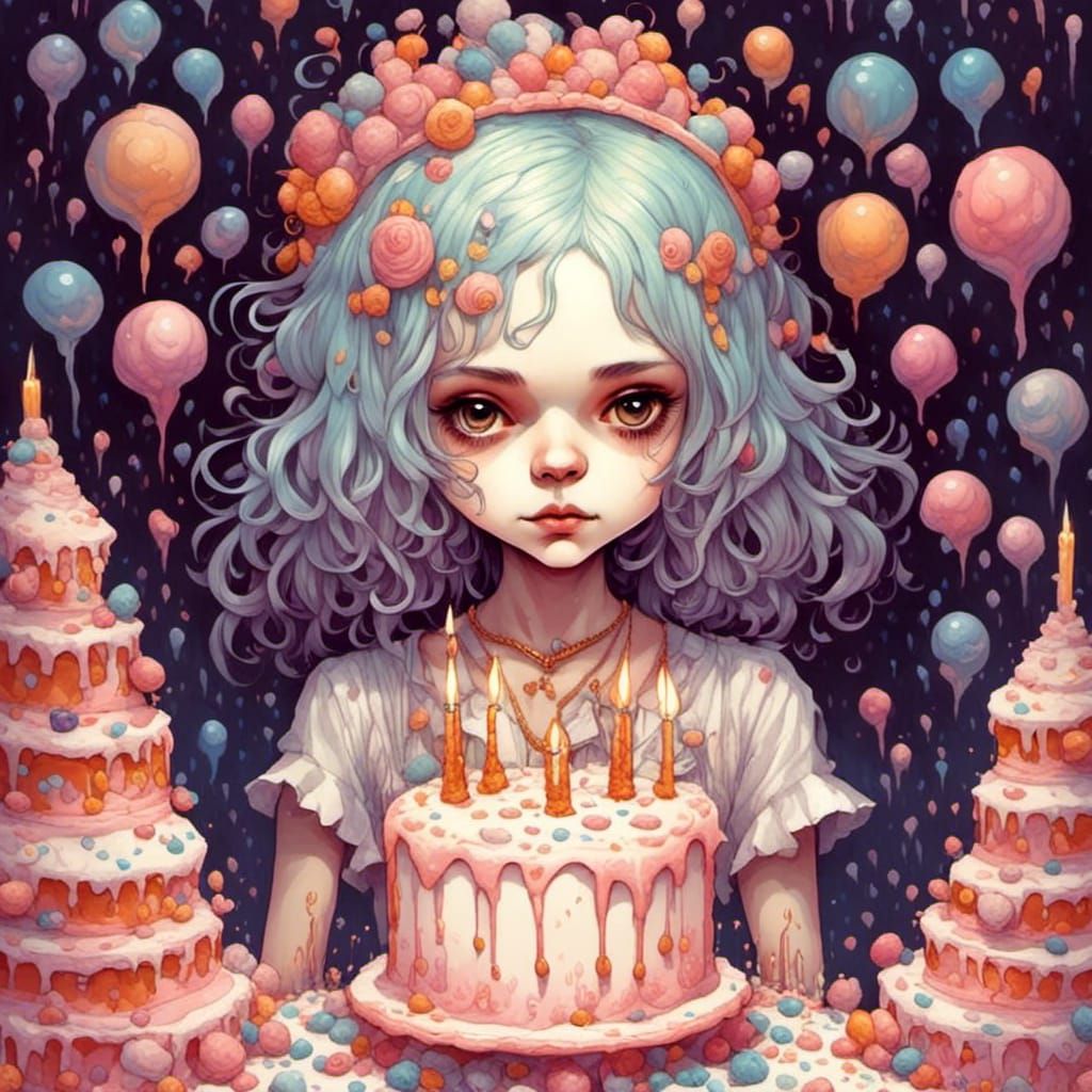 Whimsical Cityscape Girl Amidst Edible Delights