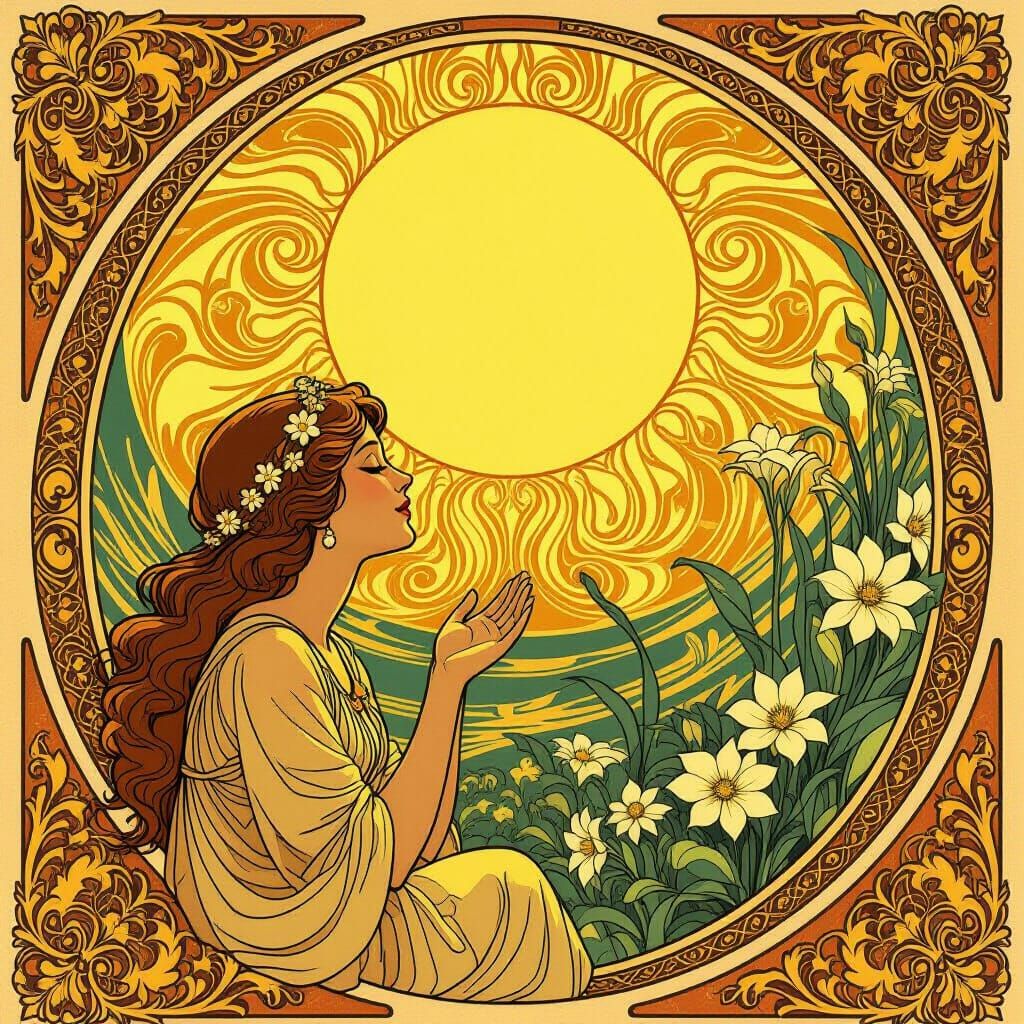 Art Nouveau Sun Radiance in Golden Hues