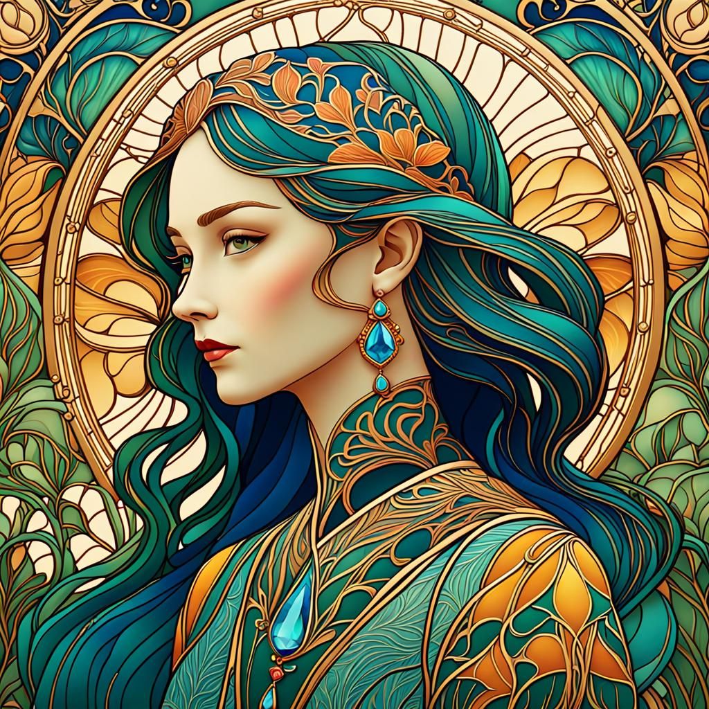 Elegant Woman in Art Nouveau Style with Intricate Jewelry