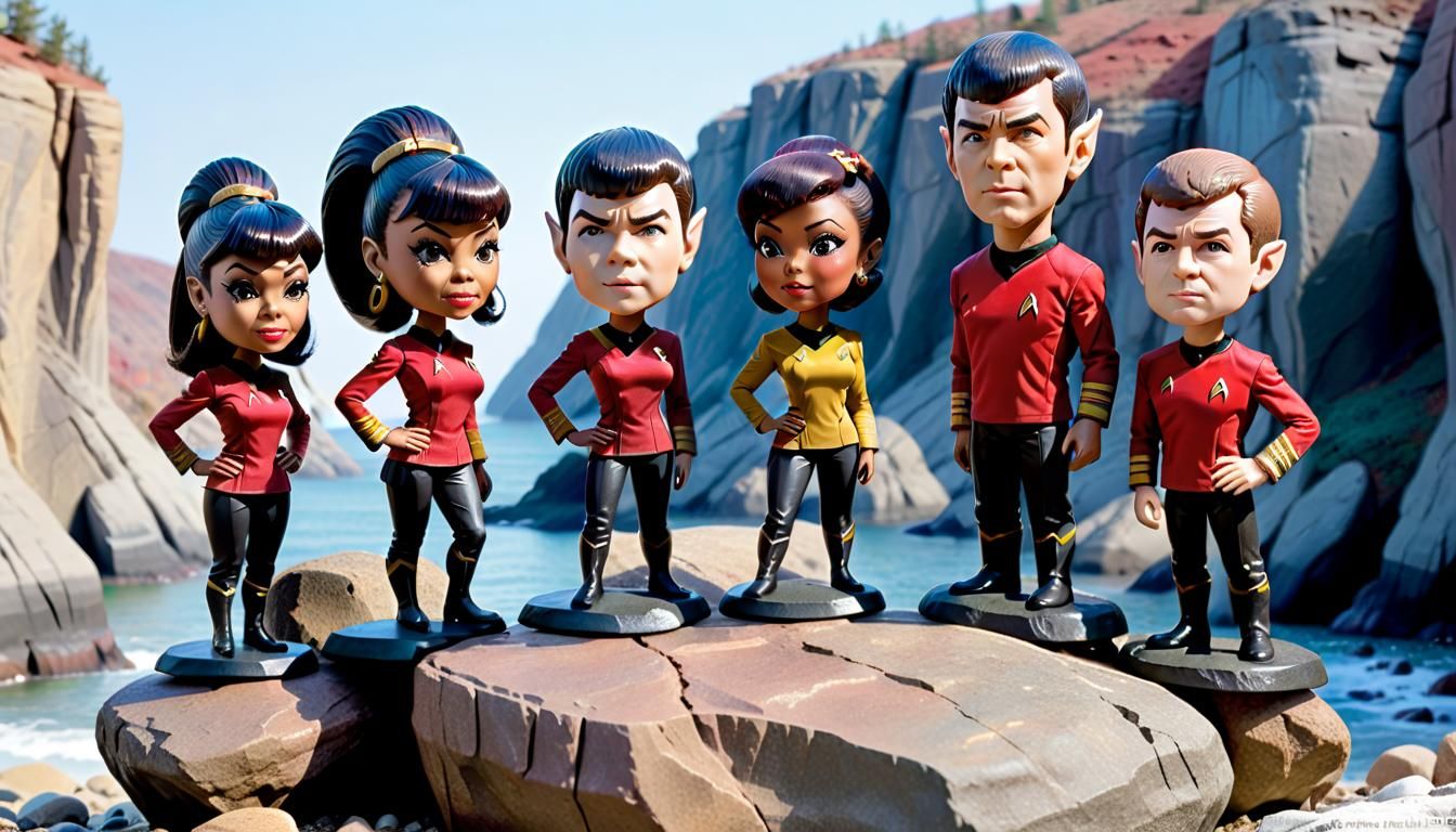 Vibrant Star Trek Crew Bobbleheads on Rock Cliff