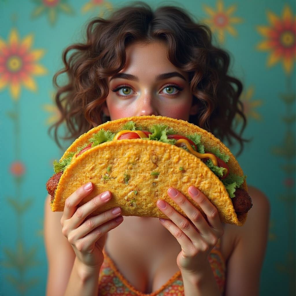 Woman Holding Giant Taco in Photorealistic Style