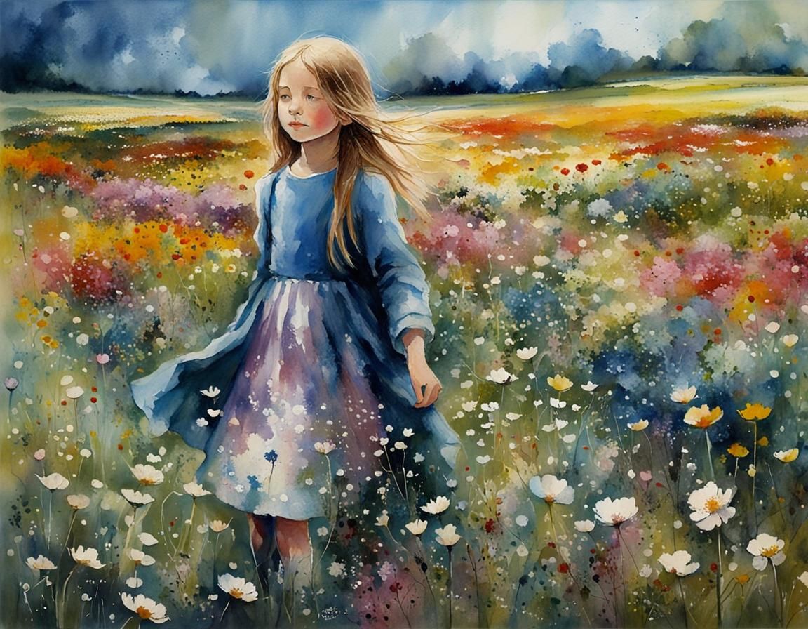 Serene Floral Landscape with a Gentle Maiden