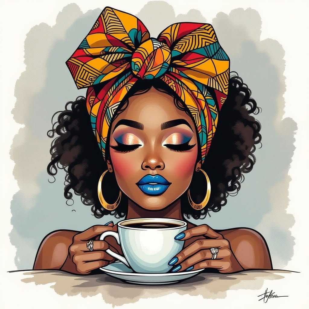 Woman in Ornate Headwrap: Charcoal and Mixed Media