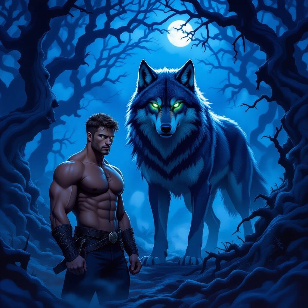 Muscular Man With Wolf in Eerie Twilight Woods