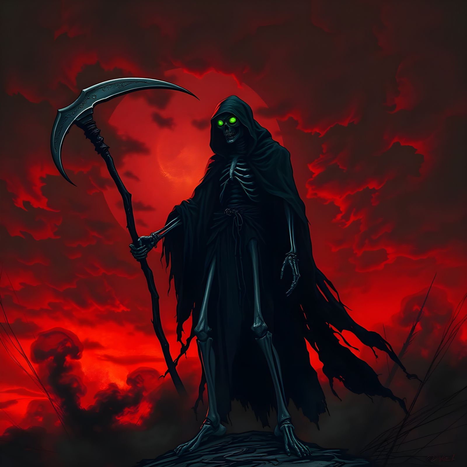 Gothic Fantasy Grim Reaper Under Blood-Red Sky