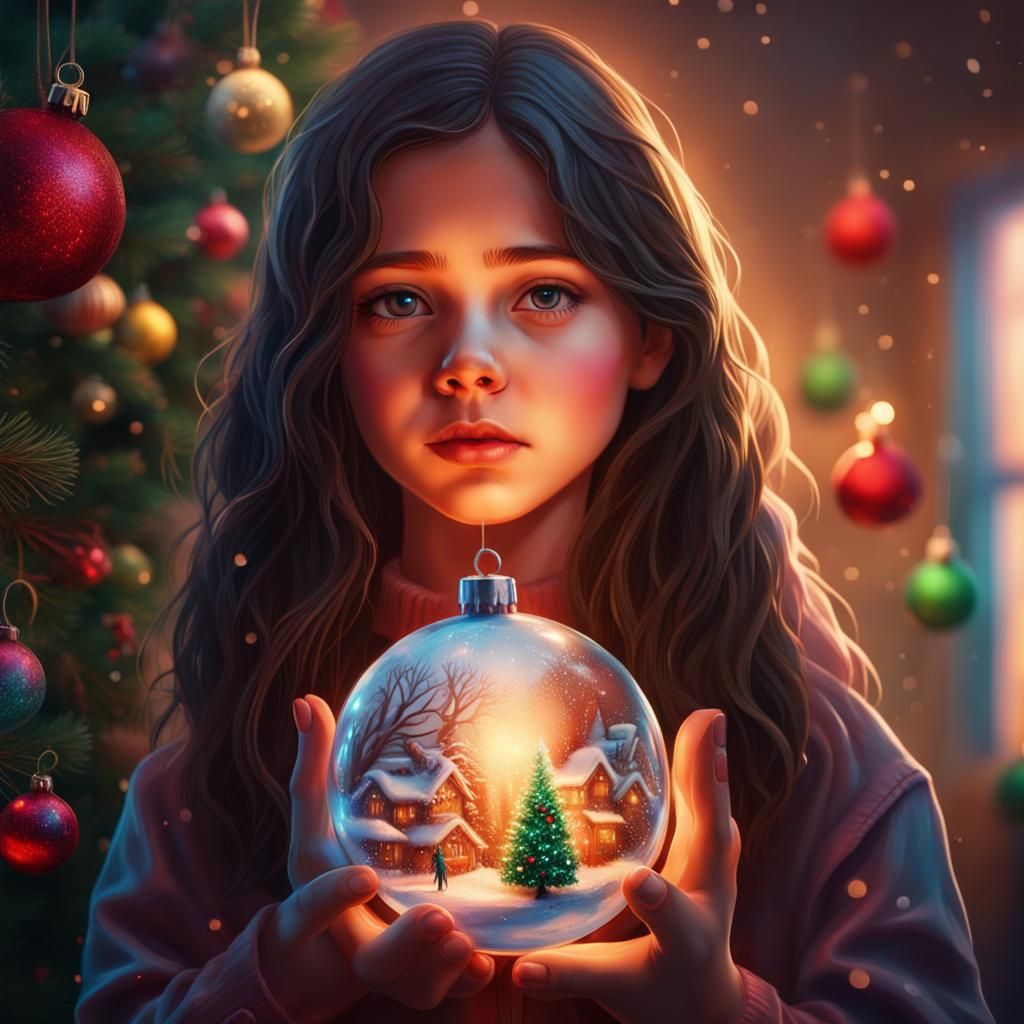 Girl with Dark Hair Holds Christmas Decoration in Hyperreali...