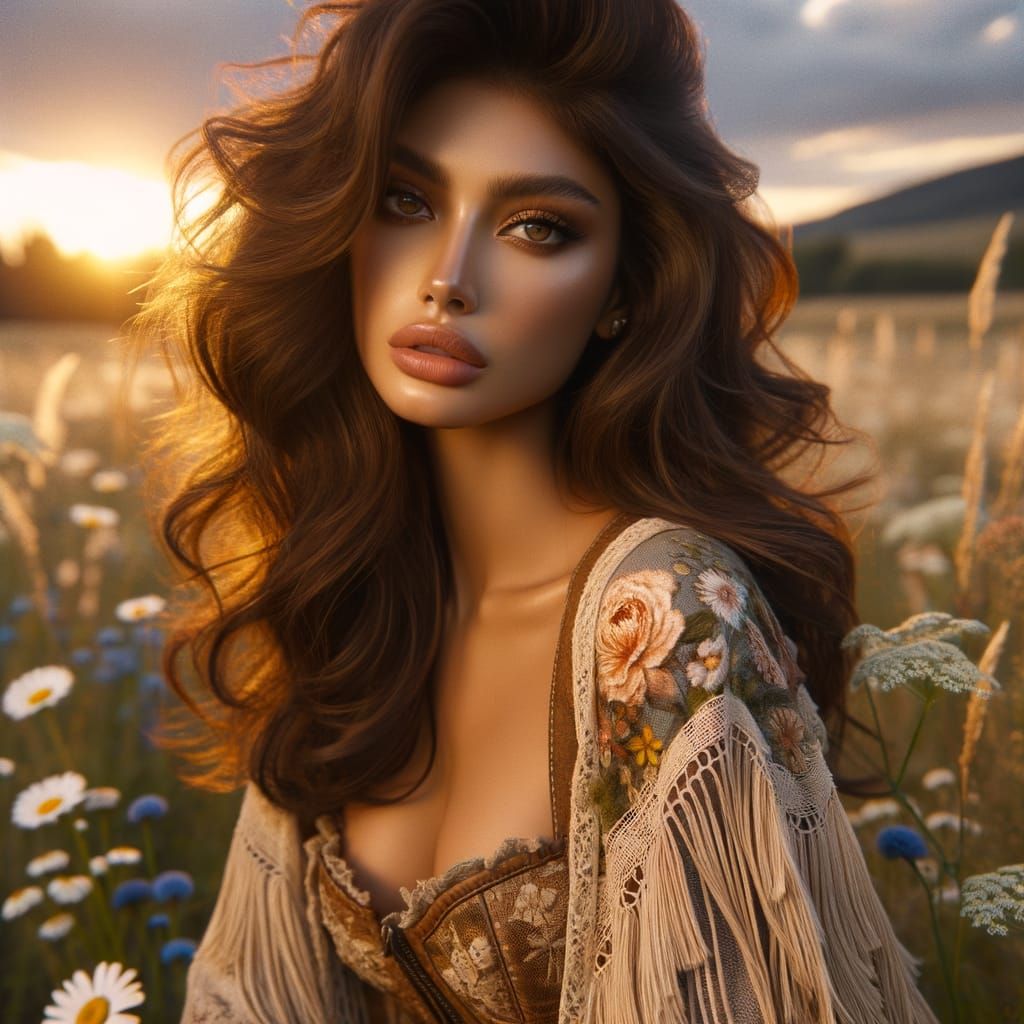 Glamorous Model in Boho-Chic Outfit Amidst Wildflowers