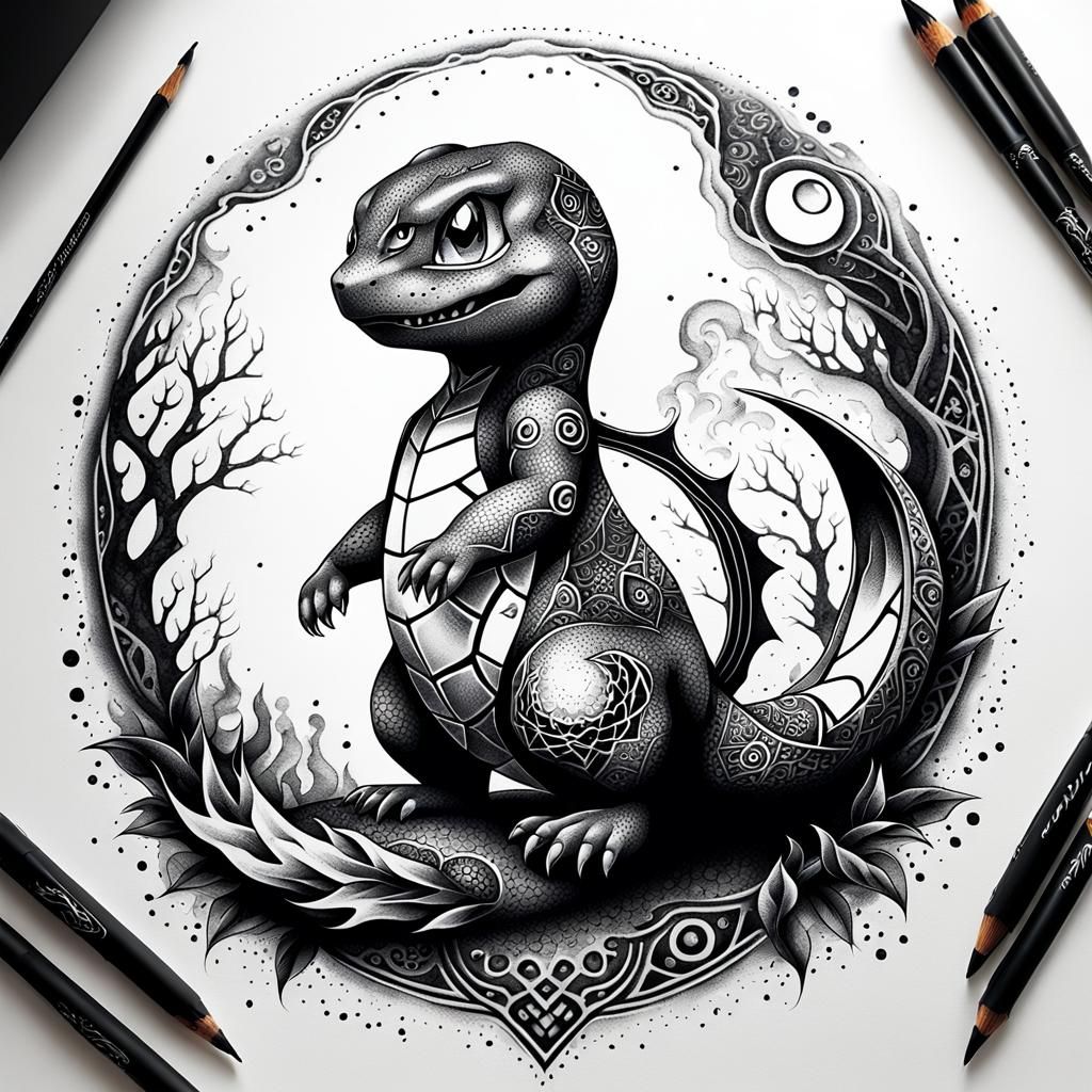 Mysterious Charmander in Blackwork Tattoo Art