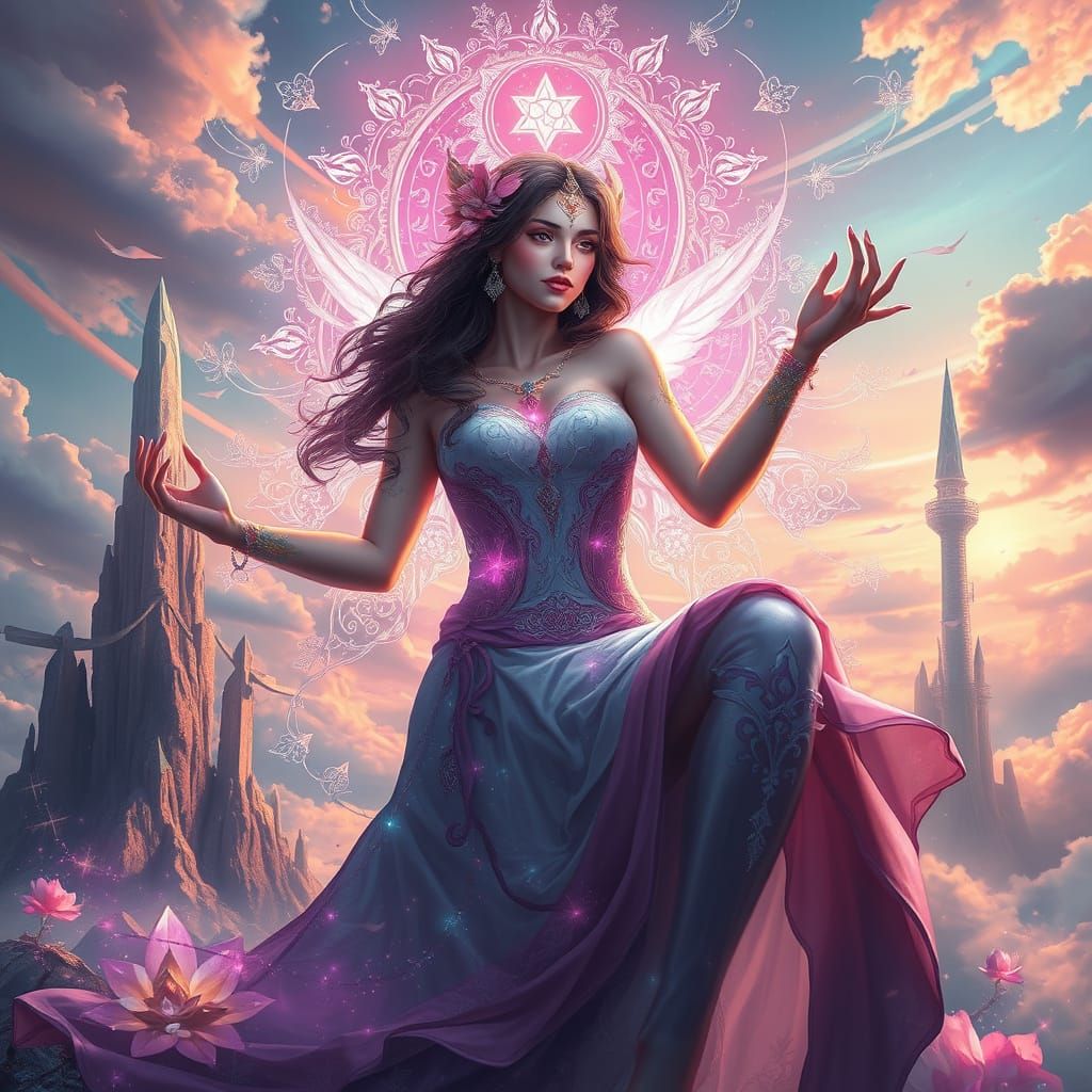Ethereal Fantasy Woman in Dreamlike Landscape