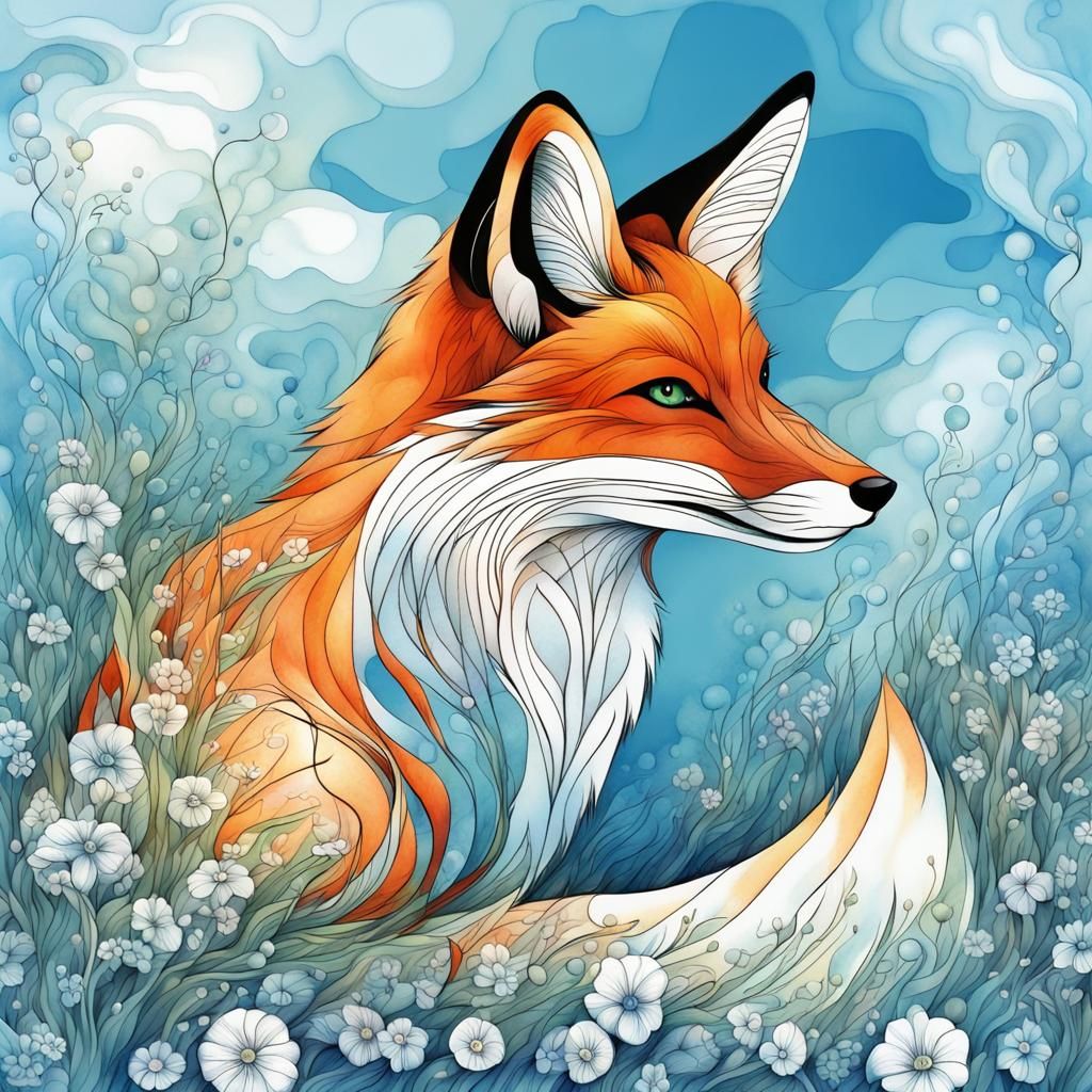 Whimsical Fox Amidst Vibrant Floral Bloom in Dreamy Blue Ski...