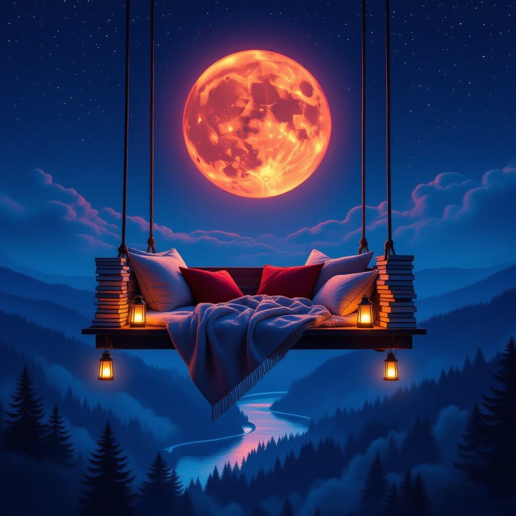 Magical Floating Reading Nook Under Red Moon