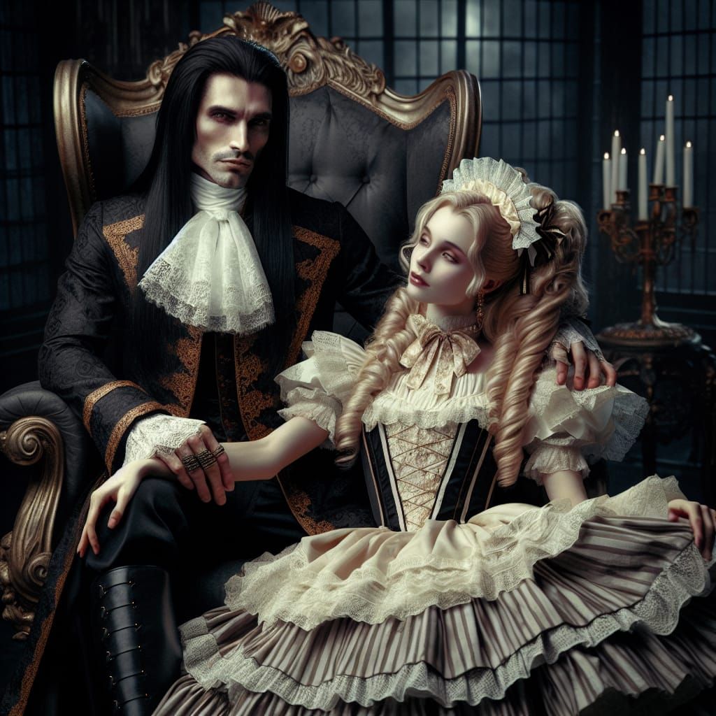 Vampire King with His Maid in Opulent Throne Room