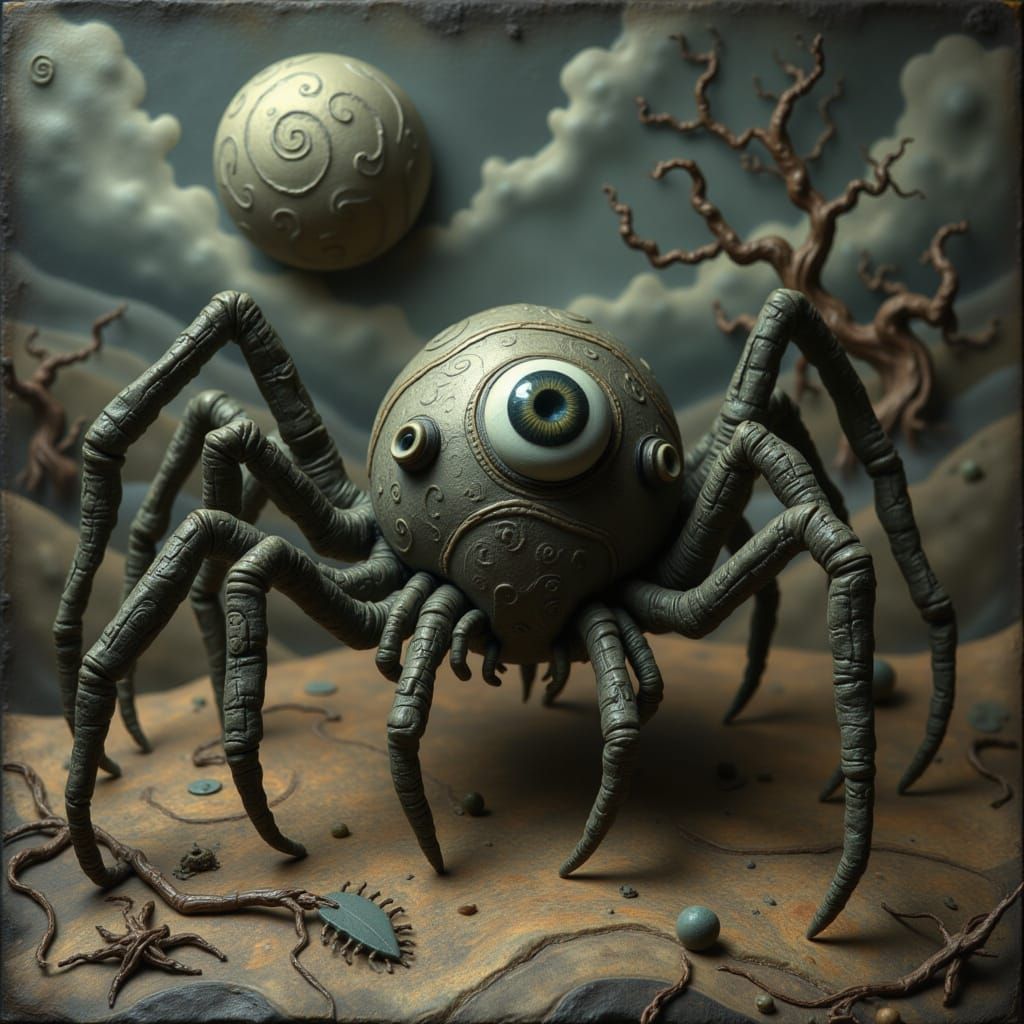 Grotesque Eyeball Spider in Surrealist Horror Style