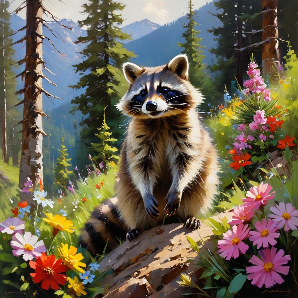 Raccoon in Vibrant Mountain Landscape