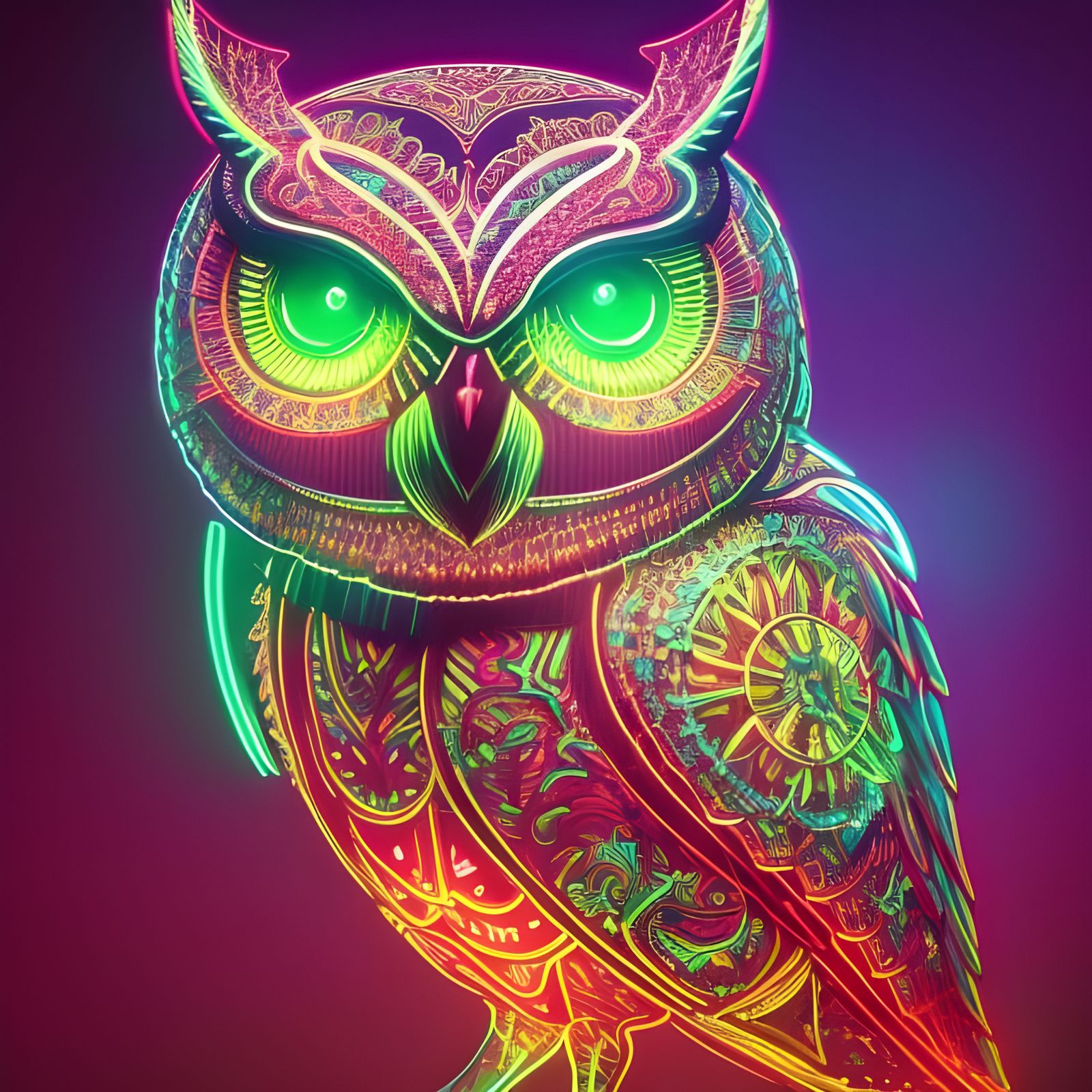 Cyberpunk Owl Sculpture in Vibrant Neon