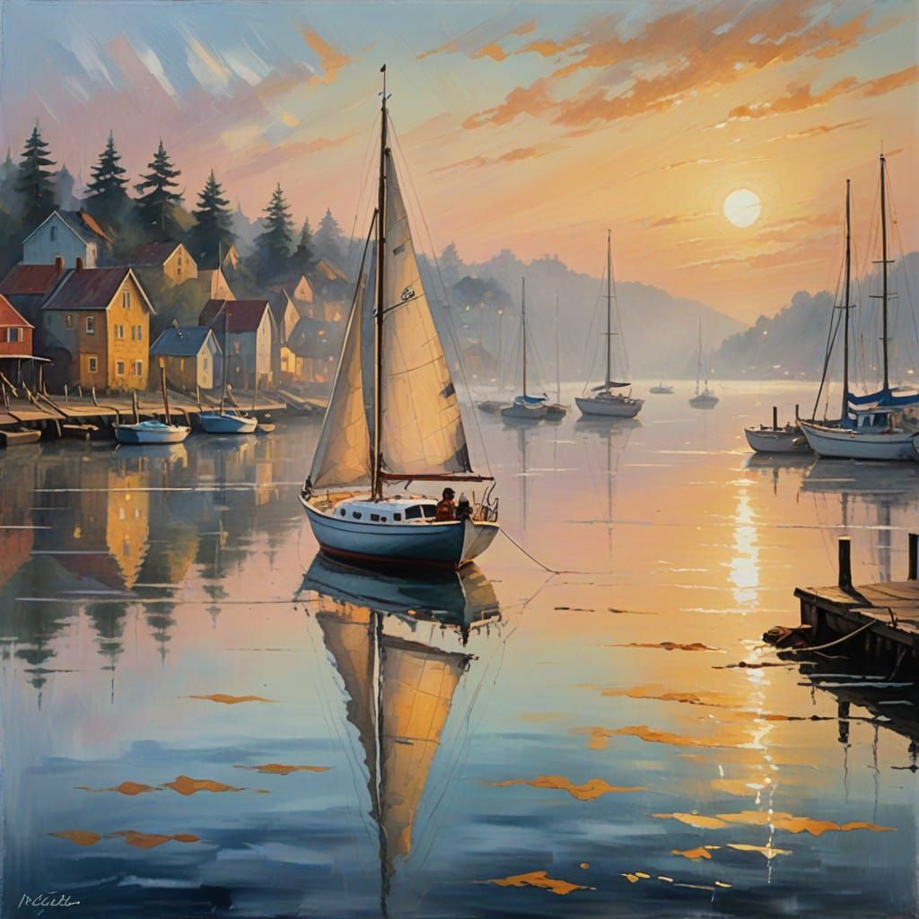 Dreamy Harbor Seascape in Warm Golden Light
