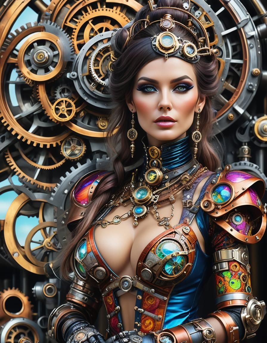 Steampunk Goddess Amidst Gears and Jewels