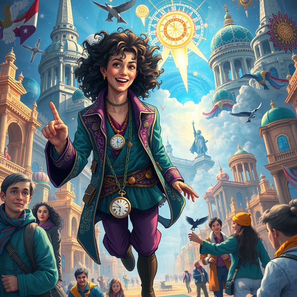 Time Traveller's Tour Guide," showing tourists around histor...