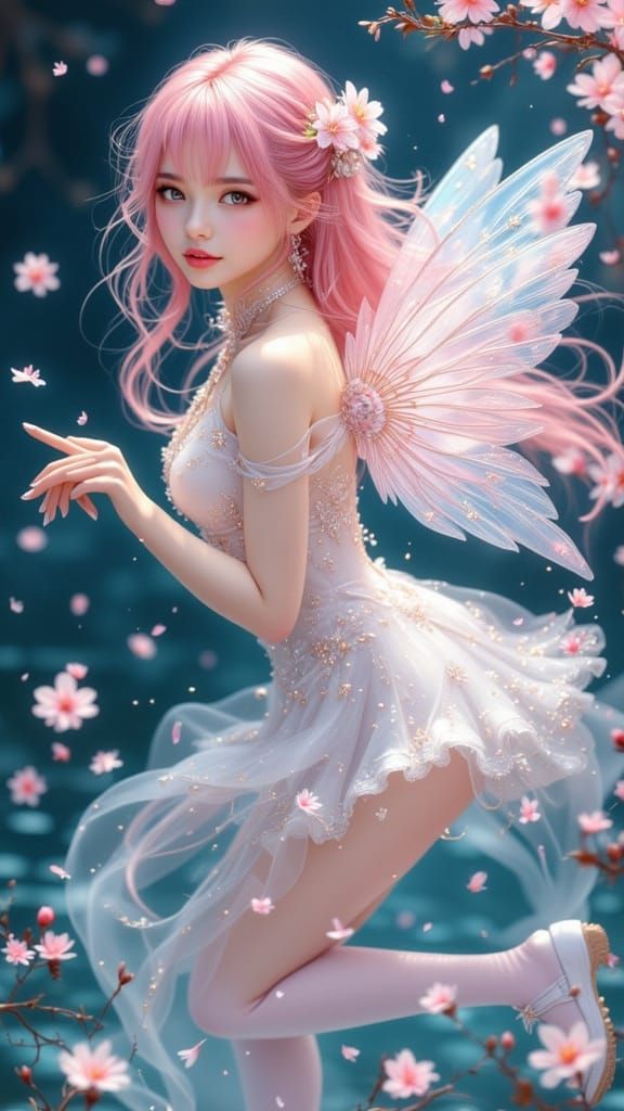 Fairy Woman with Pink Hair in Sakura Garden