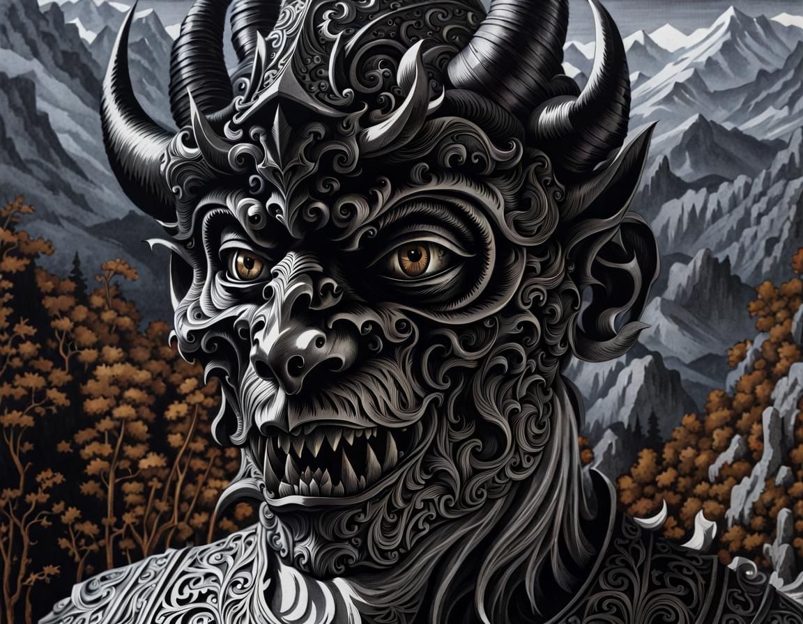 Elegant Demon's Head in Medieval Woodcut Style