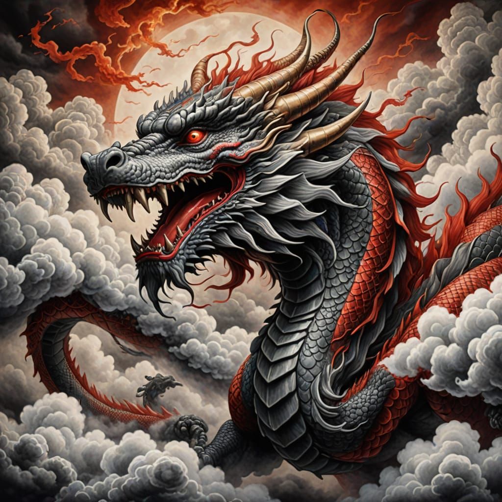 Chinese Dragon Soaring: Hyperdetailed Charcoal Drawing