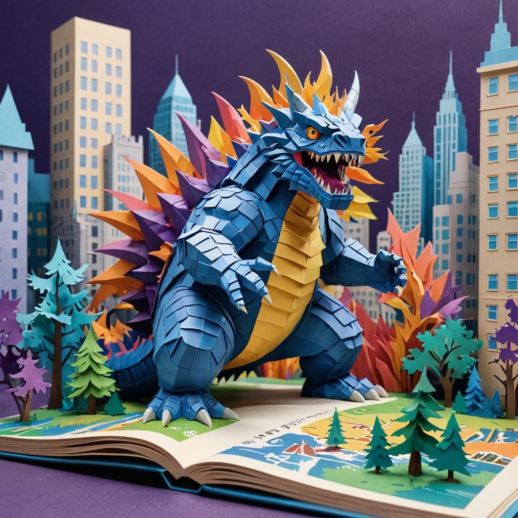 Vibrant Kaiju Breaks Free from Pop-up Book in Watercolor Sty...
