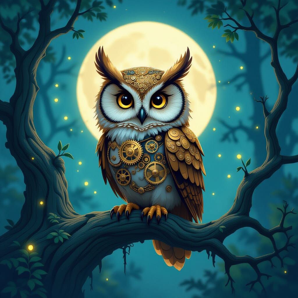 Whimsical Clockwork Owl in Enchanted Forest