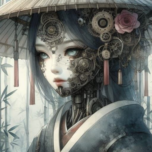 Cyberpunk Geisha in Whimsical Bamboo Garden