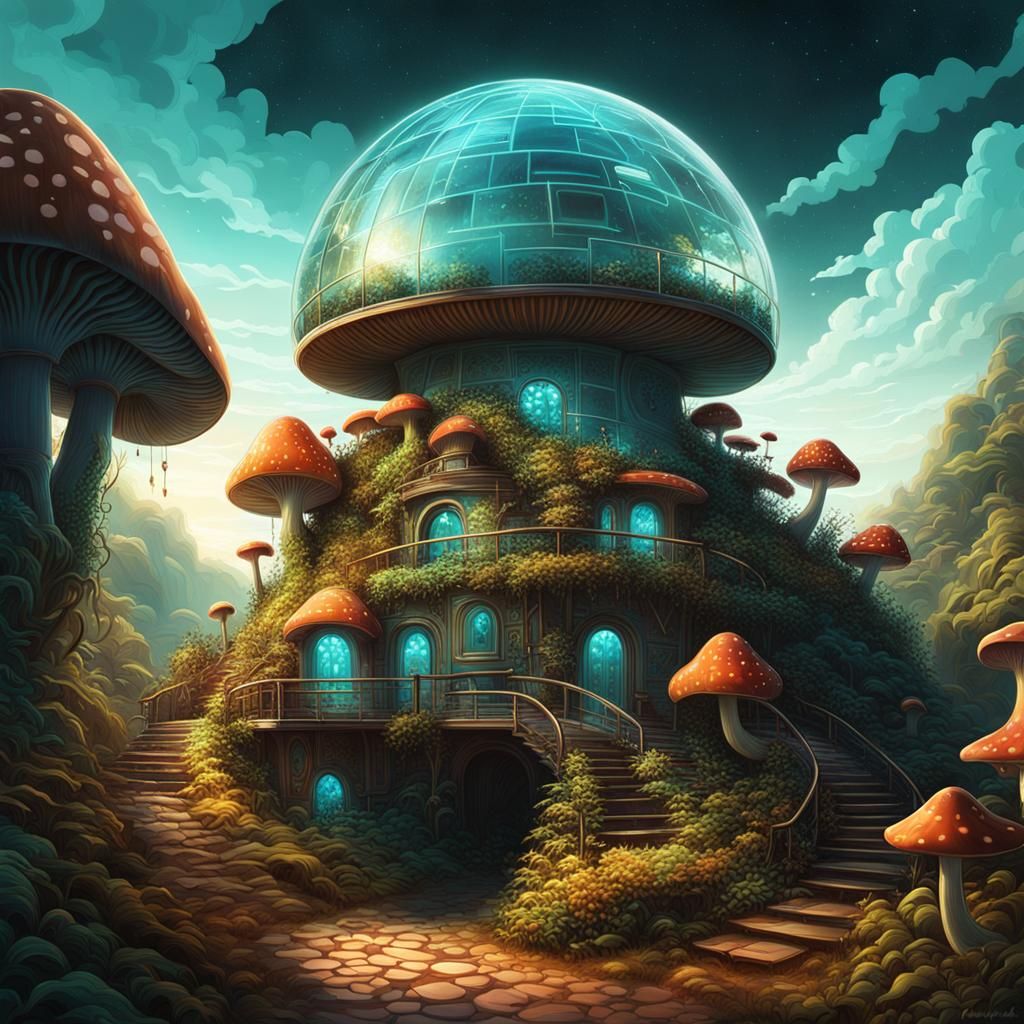 Surrealistic Bioluminescent Earthship as Watercolor Dream