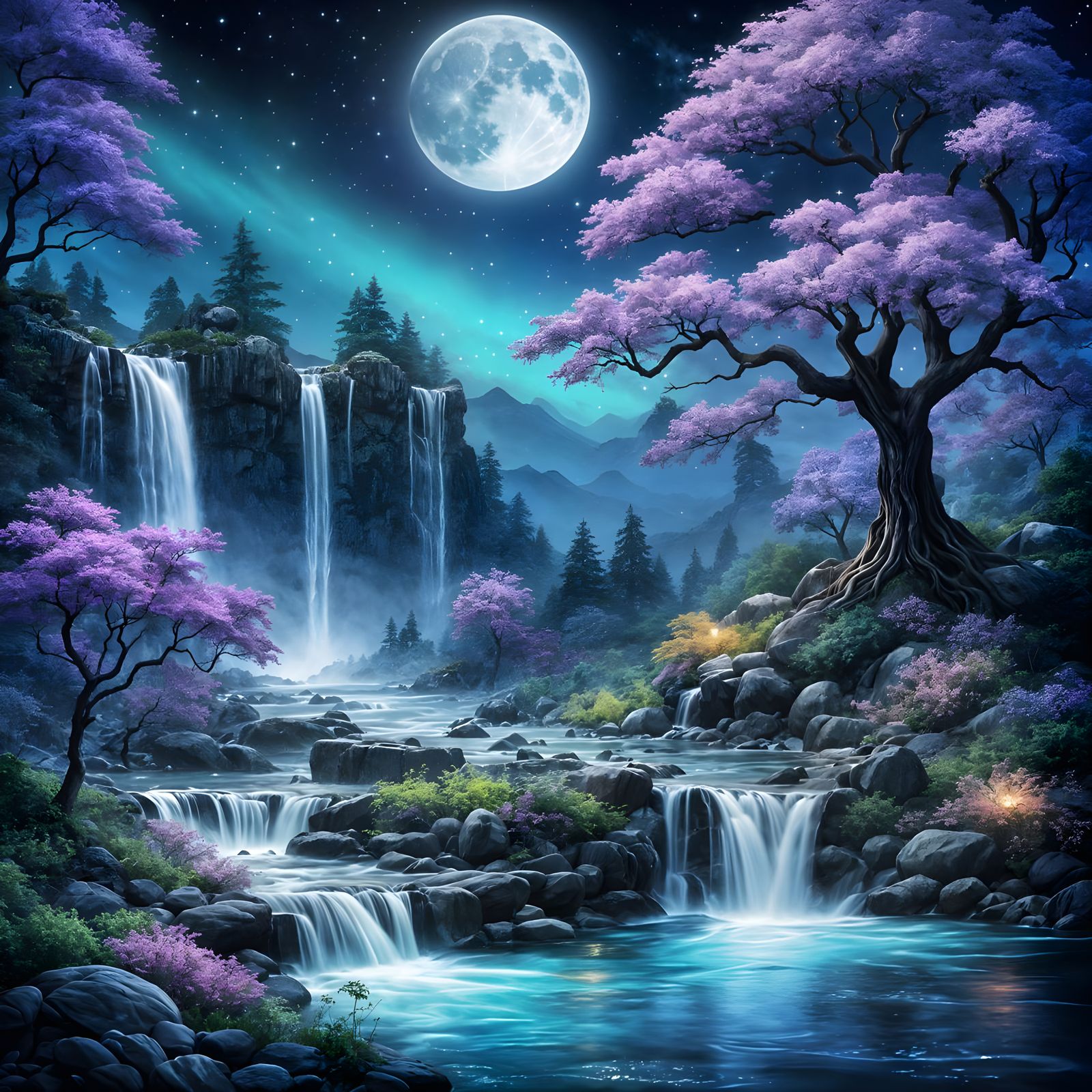 Magical Waterfall Under Harvest Moon in Bioluminescent Light