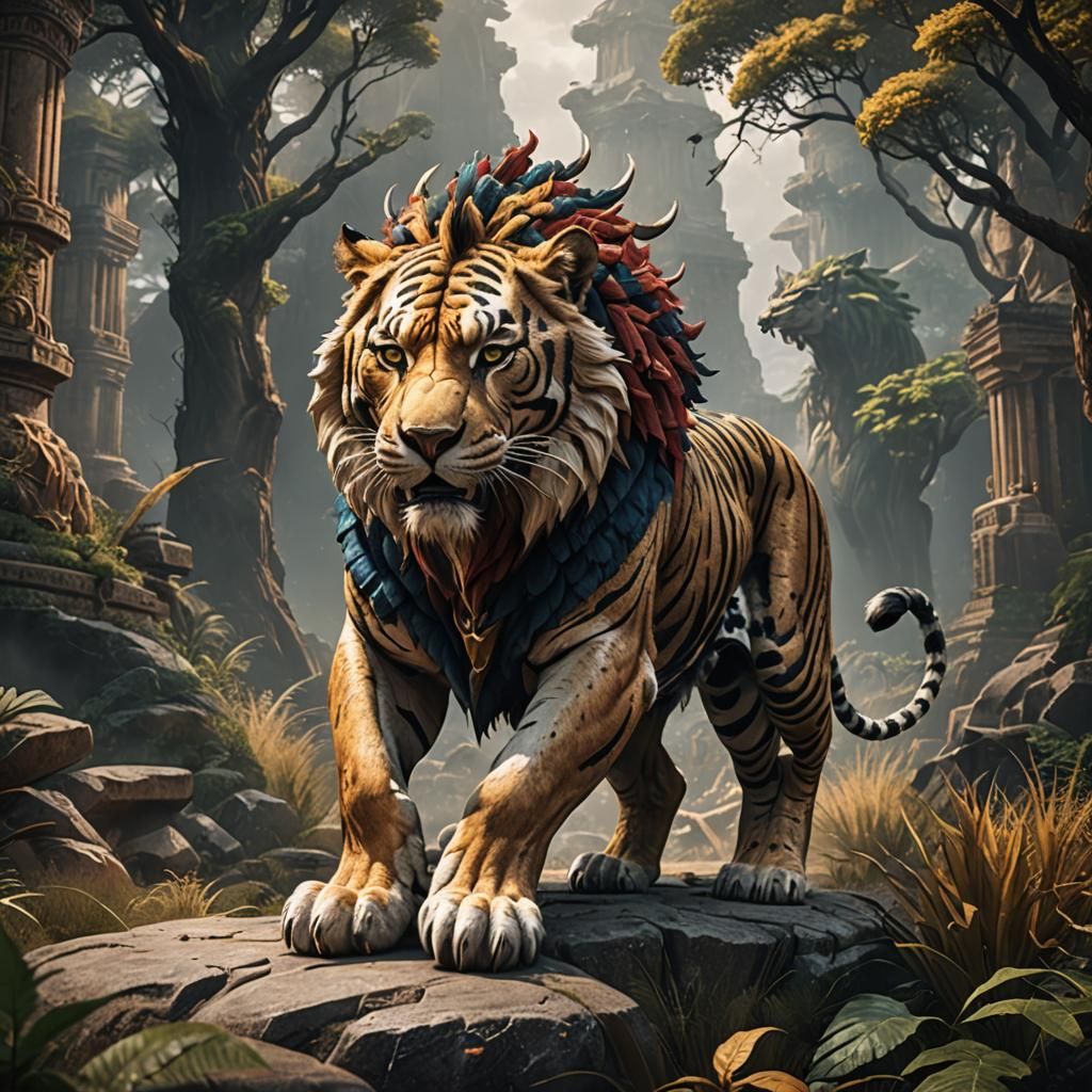 Surreal Fantasy Landscape with Sacred Liger in Vibrant Hues