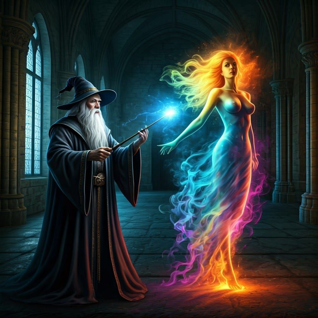 Magical Conjuring of a Sensual Woman in a Dimly Lit Hall