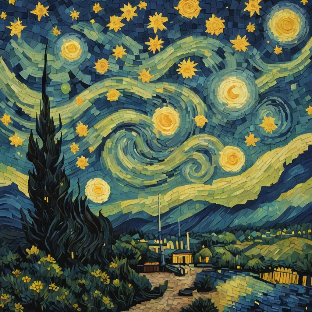 Whimsical Starry Night Scene in Pixel Art Style