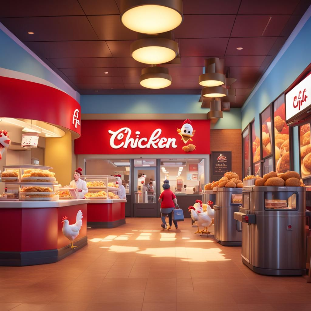Chicken Walks into Chick-fil-A in Vibrant 3D Style