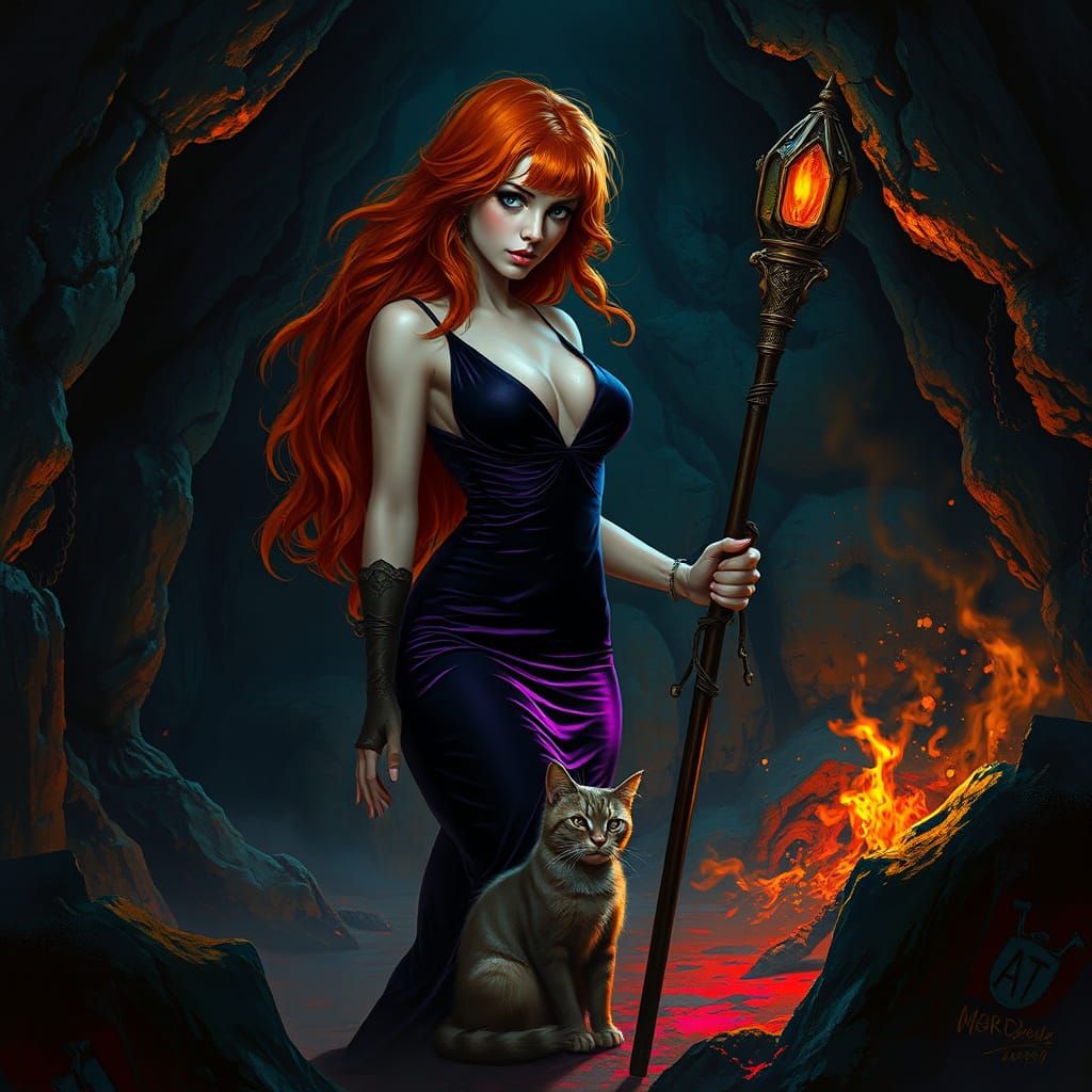Ginger Necromancer in Cave, Hyperrealistic Fantasy Art