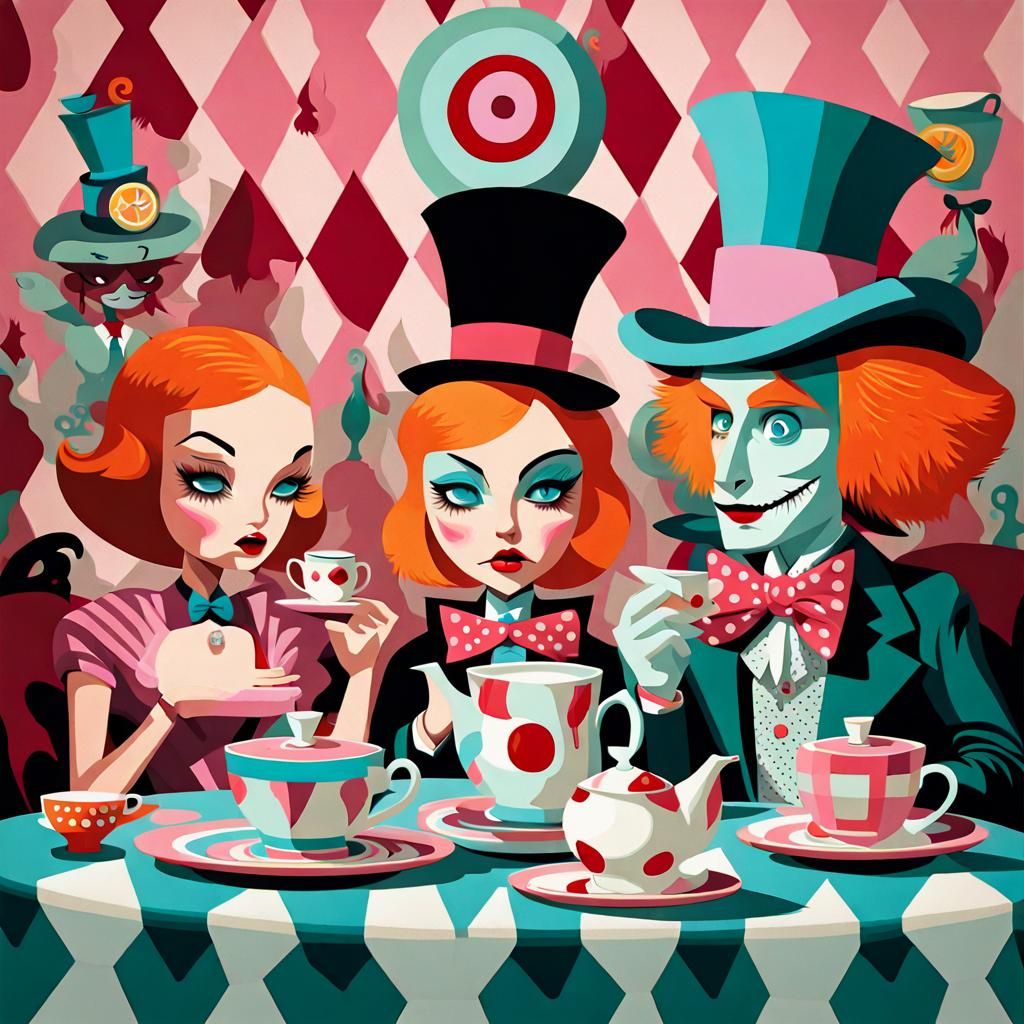 Surrealistic Tea Party Scene in Vibrant Retro Colors