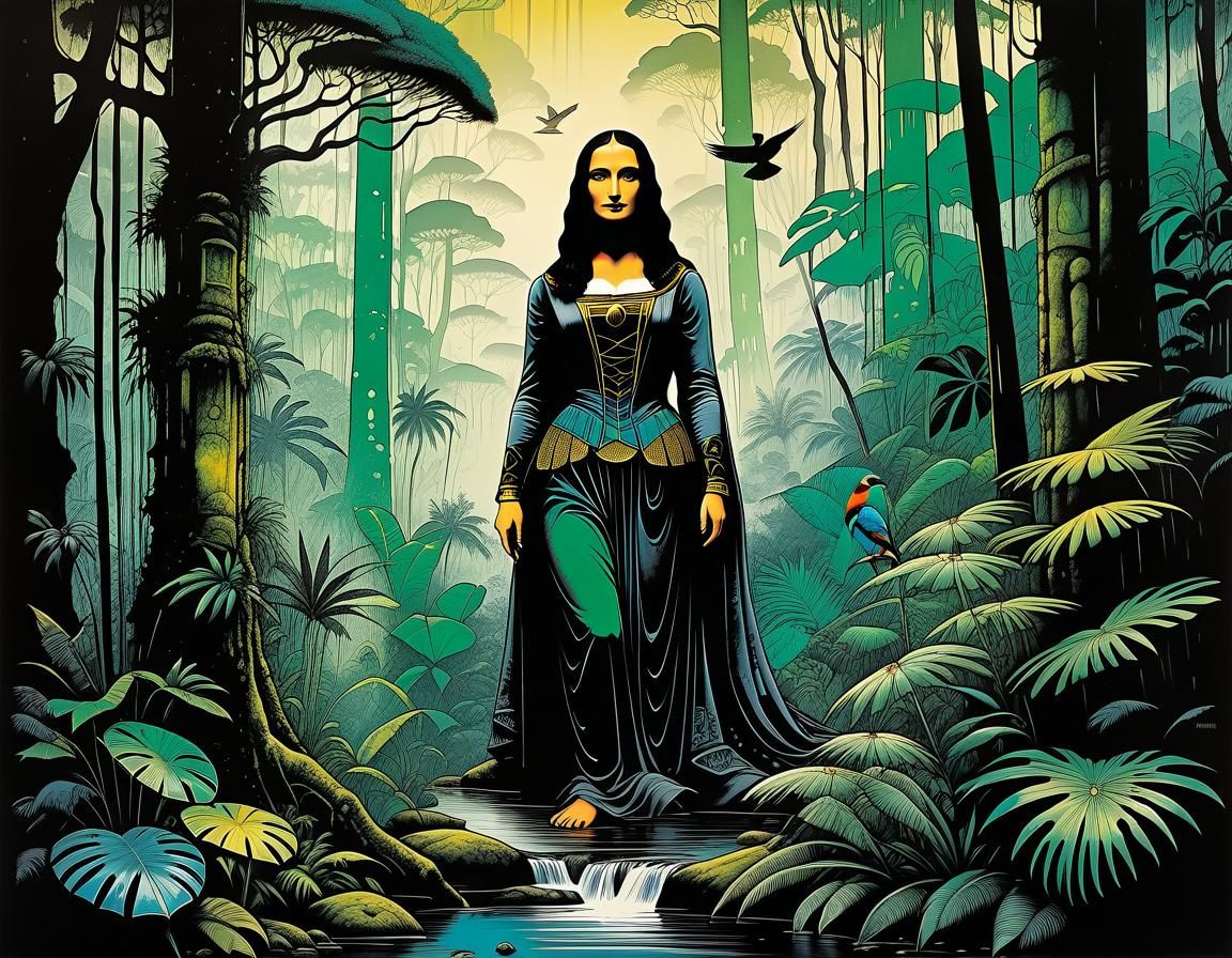 Mysterious Rainforest Siren in Steampunk Landscape