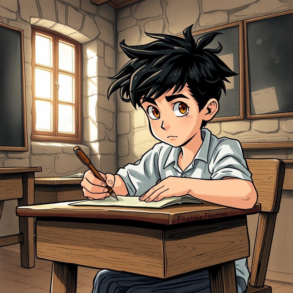 Italian Boy Studies in Vintage Rural School